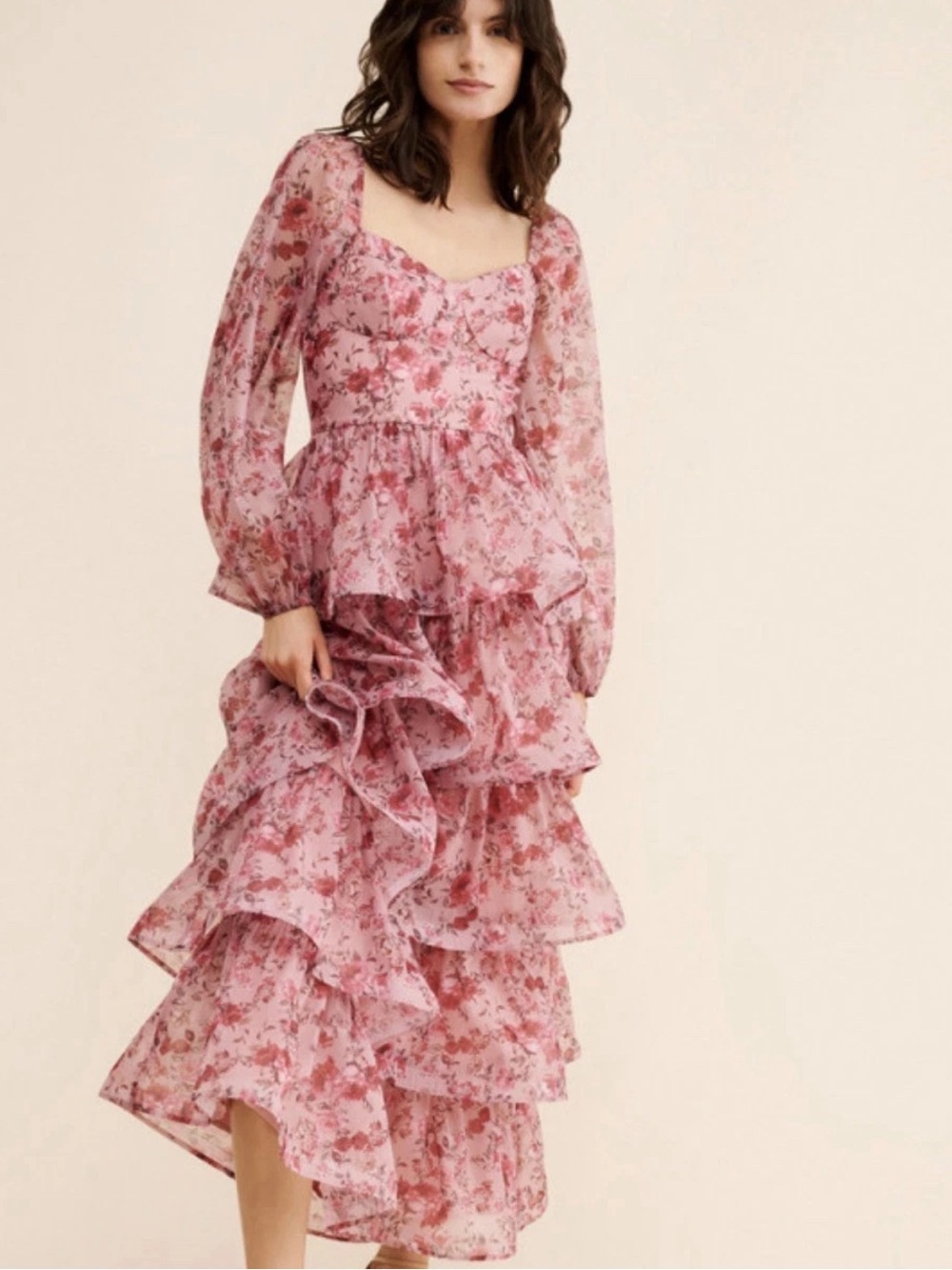 If By Sea Long Sleeve Tiered Maxi Dress Gown Size Small Romantic Floral R76